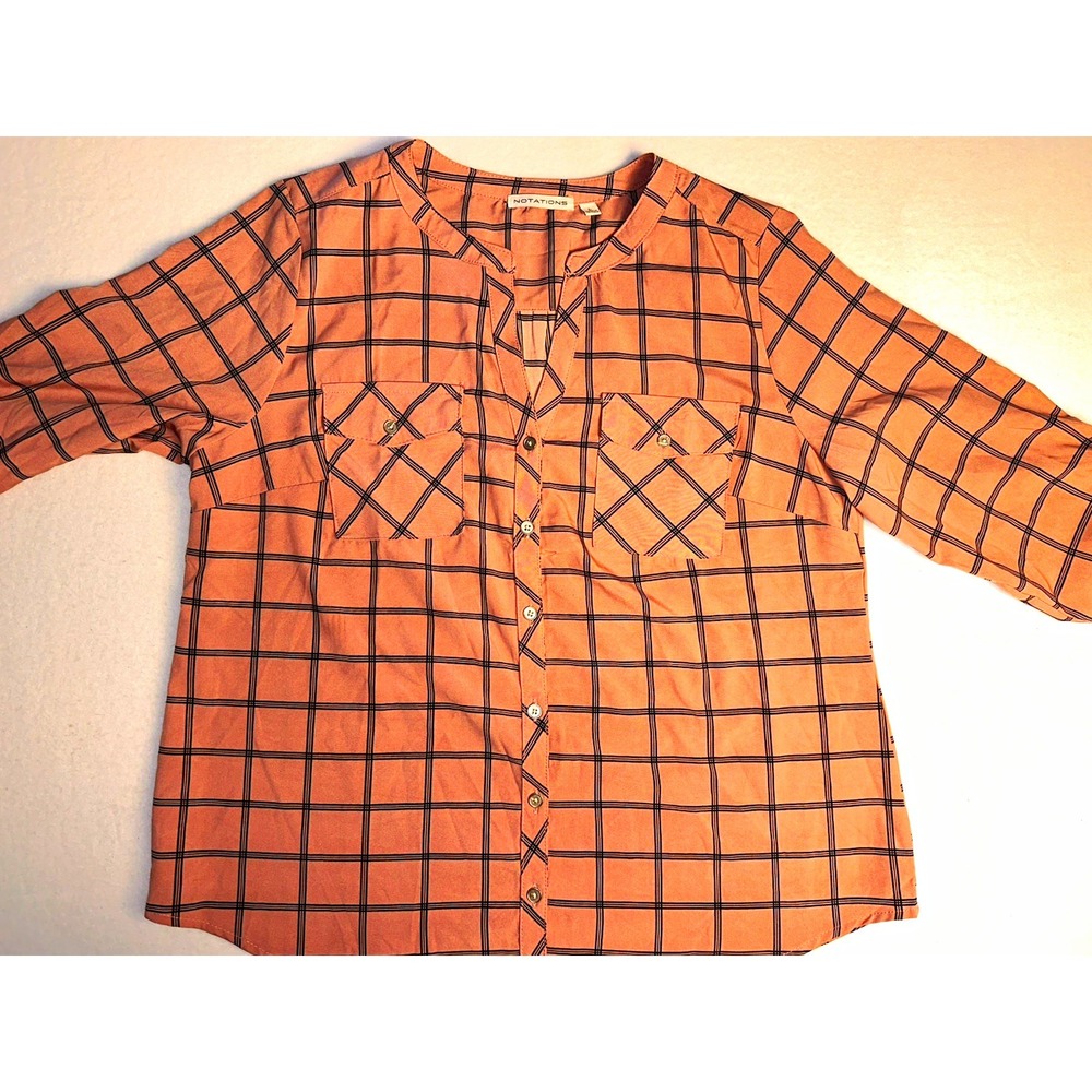 Notations womens L Pink/Black Plaid Button-Up Shirt Pockets Point Collar LS